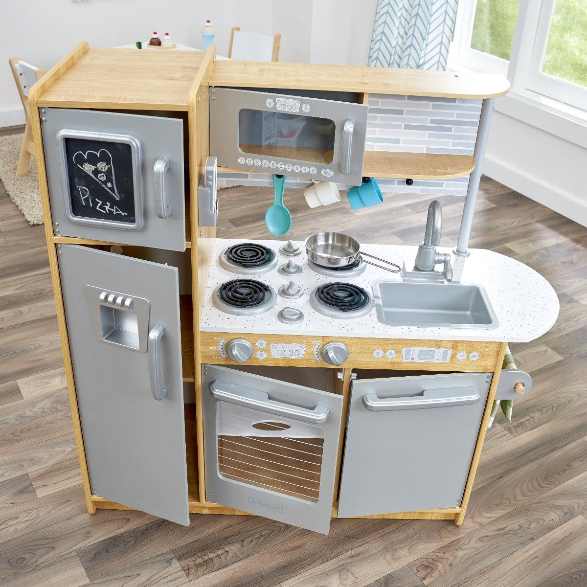 Kids Pretend Play Kitchen with Chalkboard and Toy Refrigerator - Natural