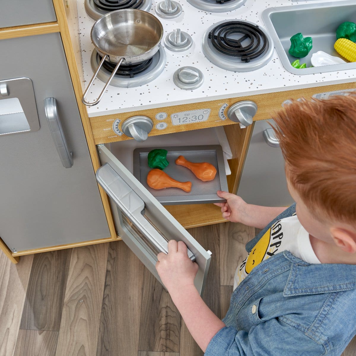 Kids Pretend Play Kitchen with Chalkboard and Toy Refrigerator - Natural