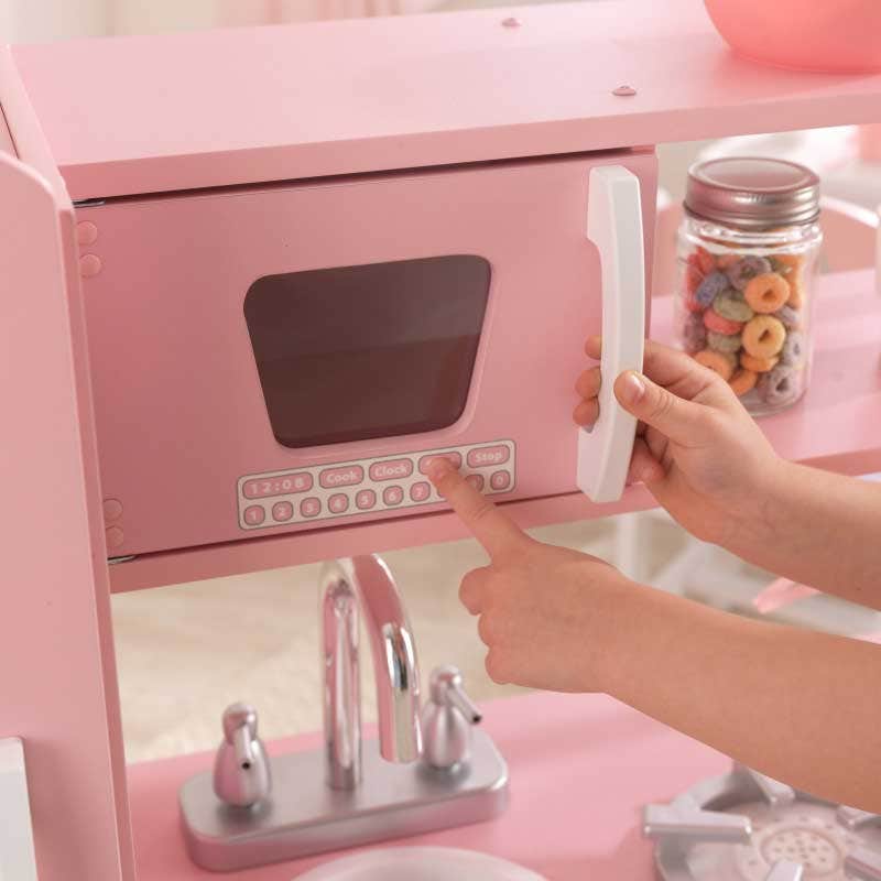 Kids Pretend Play Kitchen with Storage and Toy Refrigerator - Pink / White