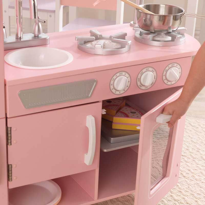 Kids Pretend Play Kitchen with Storage and Toy Refrigerator - Pink / White