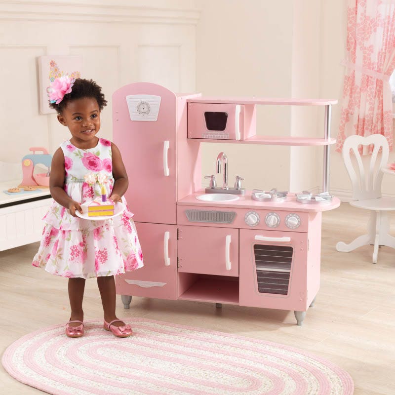 Kids Pretend Play Kitchen with Storage and Toy Refrigerator - Pink / White