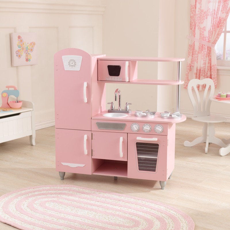 Kids Pretend Play Kitchen with Storage and Toy Refrigerator - Pink / White