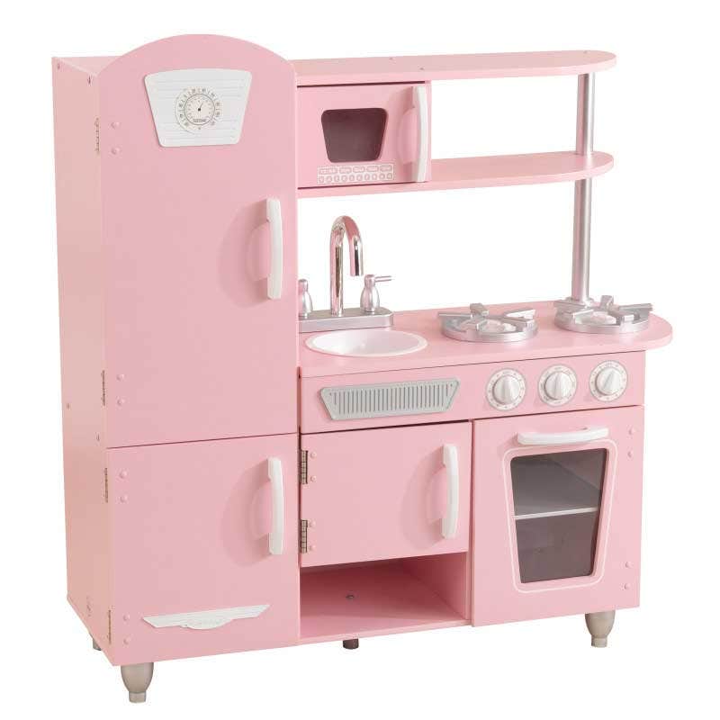 Kids Pretend Play Kitchen with Storage and Toy Refrigerator - Pink / White