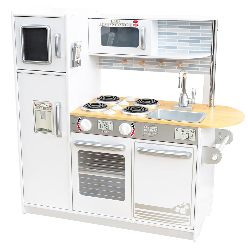 Kids Pretend Play Kitchen with Chalkboard and Toy Refrigerator - White