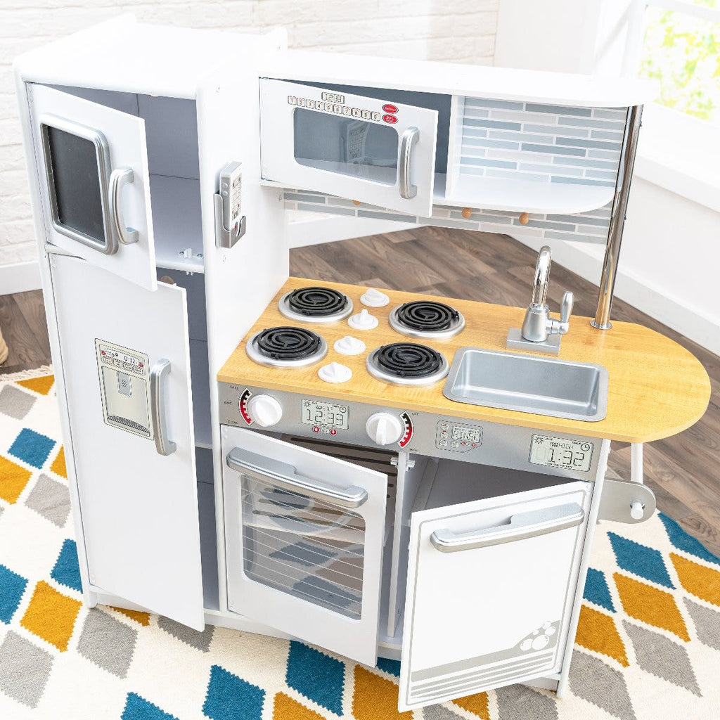 Kids Pretend Play Kitchen with Chalkboard and Toy Refrigerator - White