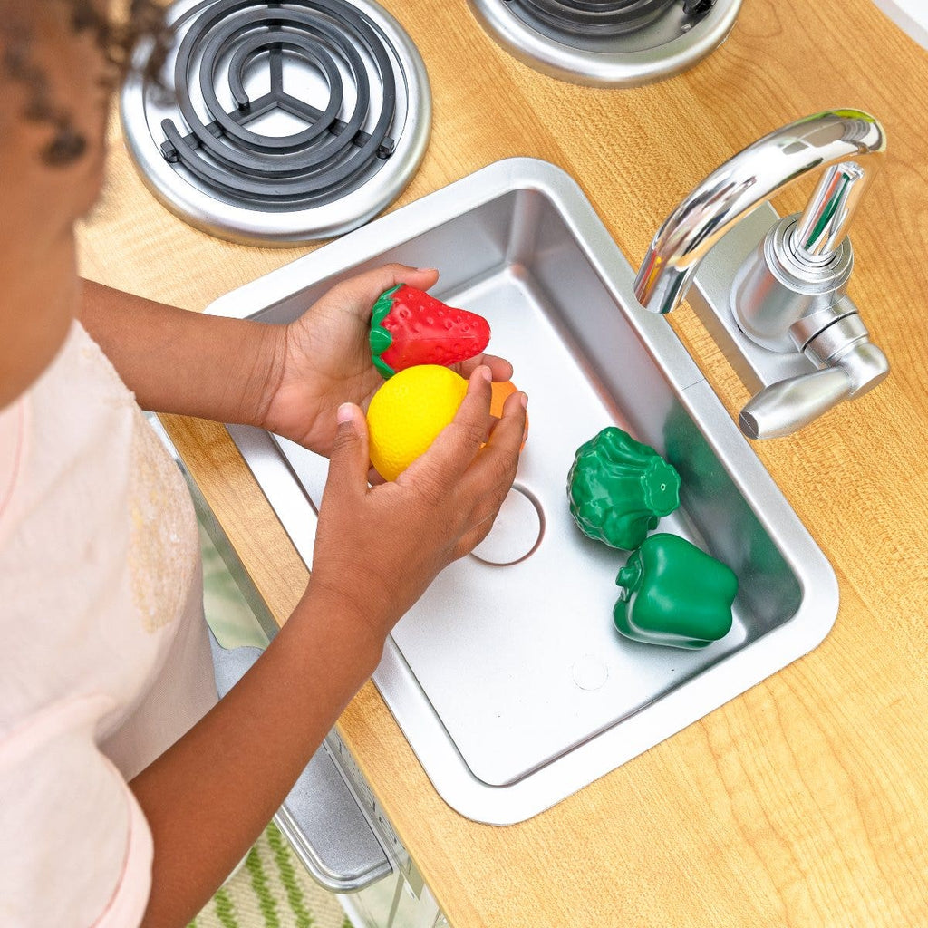 Kids Pretend Play Kitchen with Chalkboard and Toy Refrigerator - White