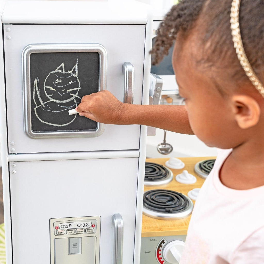 Kids Pretend Play Kitchen with Chalkboard and Toy Refrigerator - White