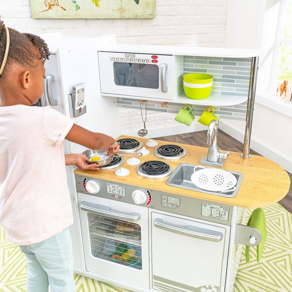 Kids Pretend Play Kitchen with Chalkboard and Toy Refrigerator - White