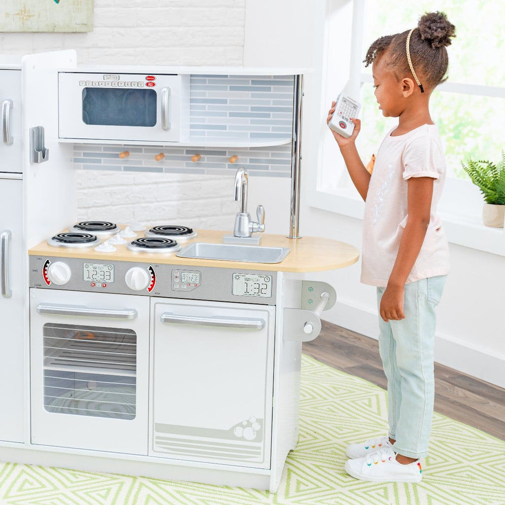 Kids Pretend Play Kitchen with Chalkboard and Toy Refrigerator - White