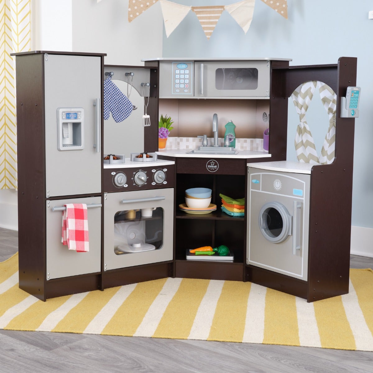 Corner Play Kitchen with Lights and Sounds and Storage - Espresso