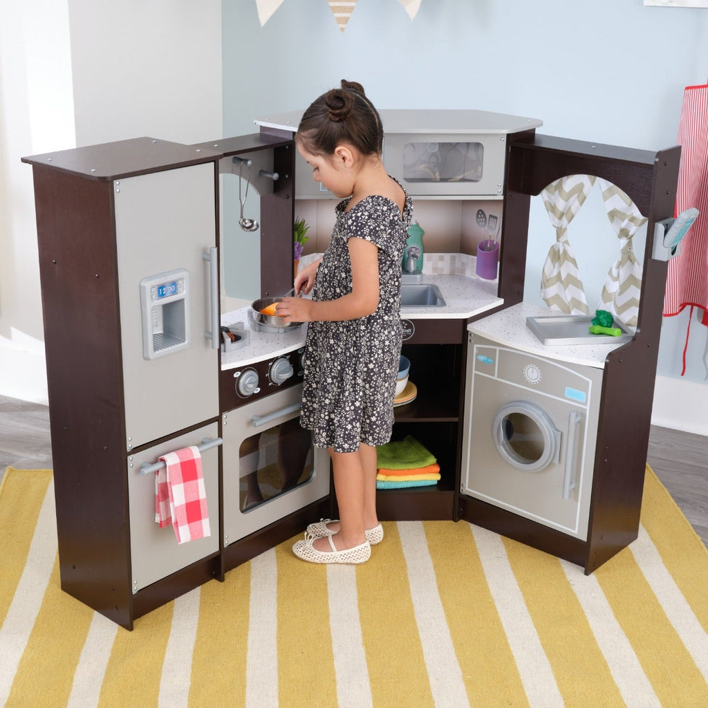 Corner Play Kitchen with Lights and Sounds and Storage - Espresso