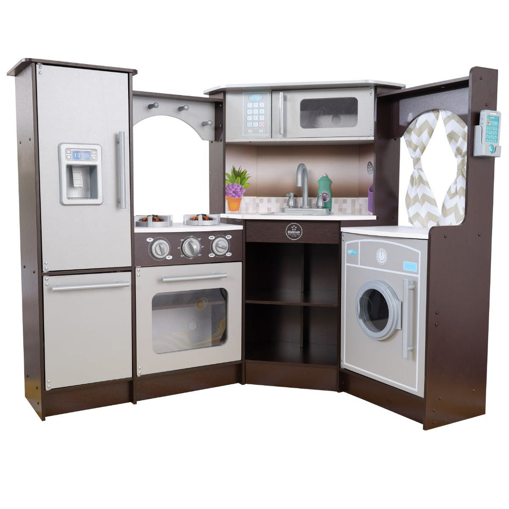 Corner Play Kitchen with Lights and Sounds and Storage - Espresso