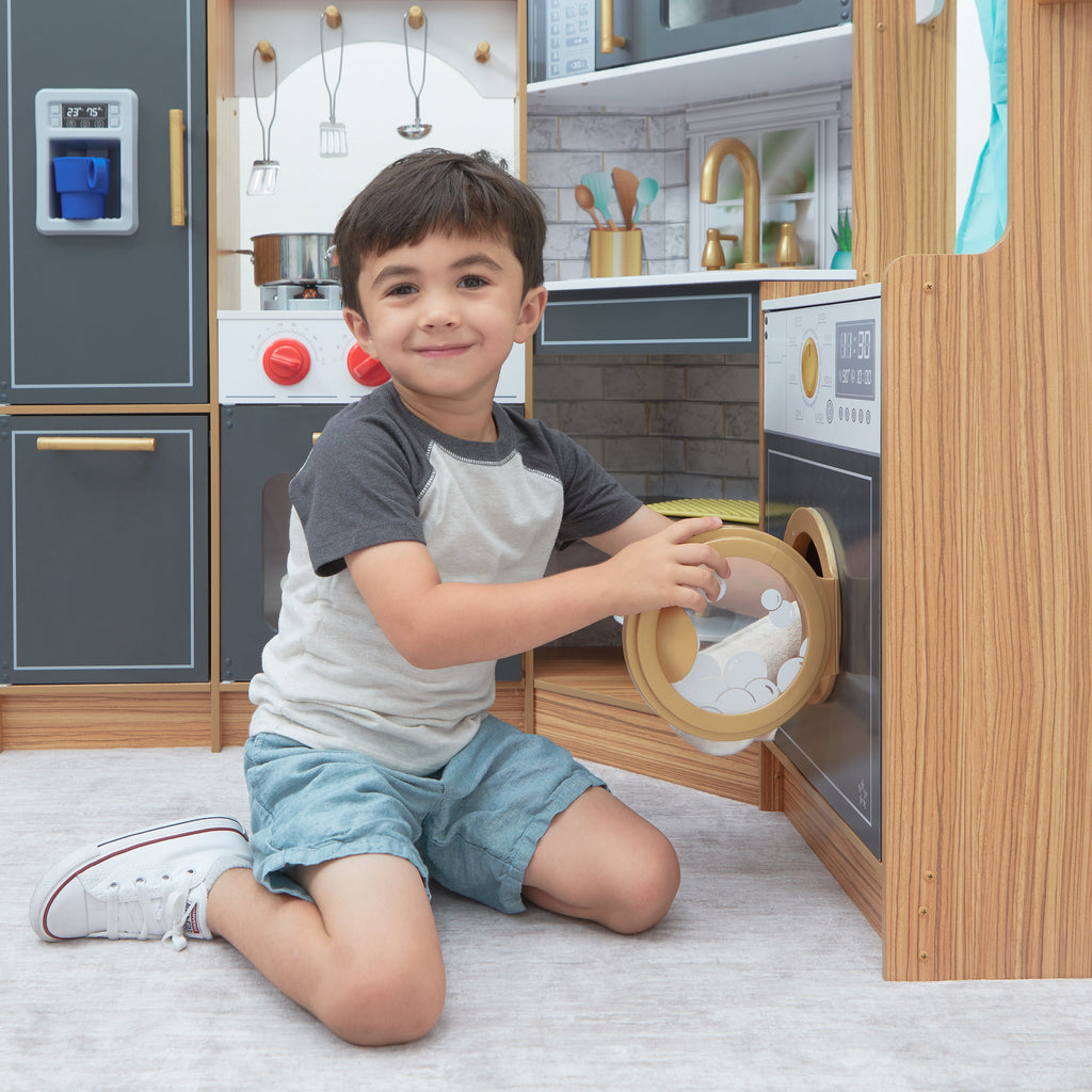 Corner Play Kitchen with Lights and Sounds and Storage - Natural