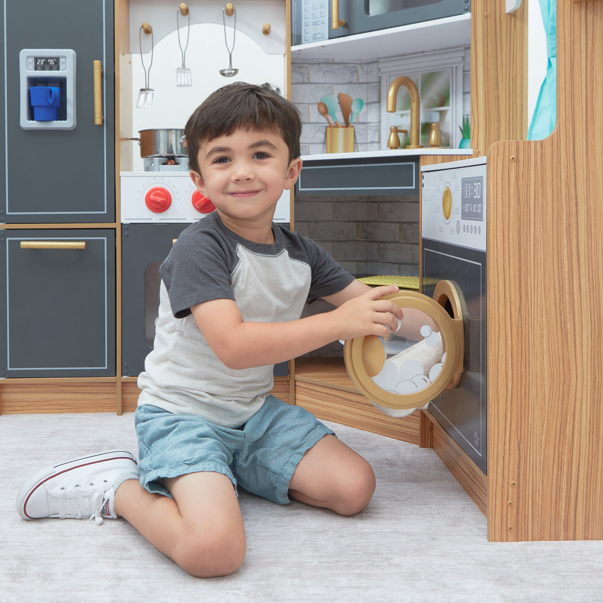 Corner Play Kitchen with Lights and Sounds and Storage - Natural