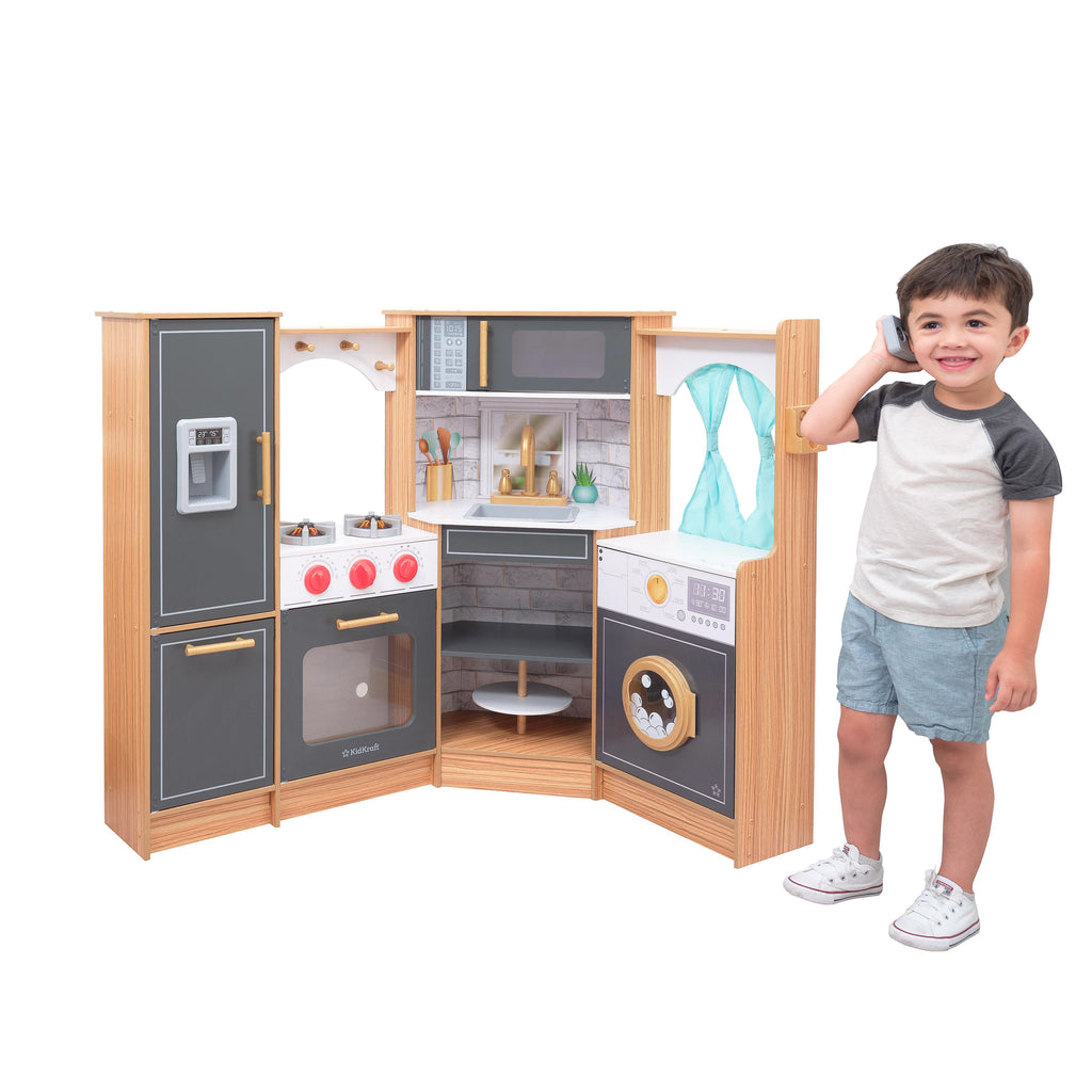 Corner Play Kitchen with Lights and Sounds and Storage - Natural