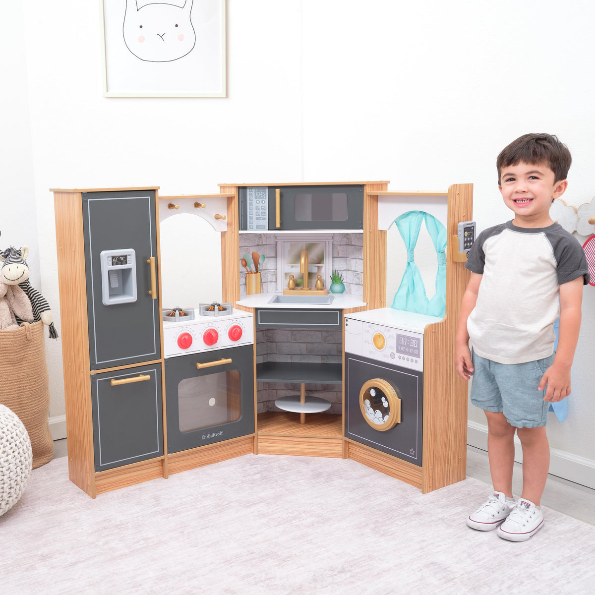 Corner Play Kitchen with Lights and Sounds and Storage - Natural