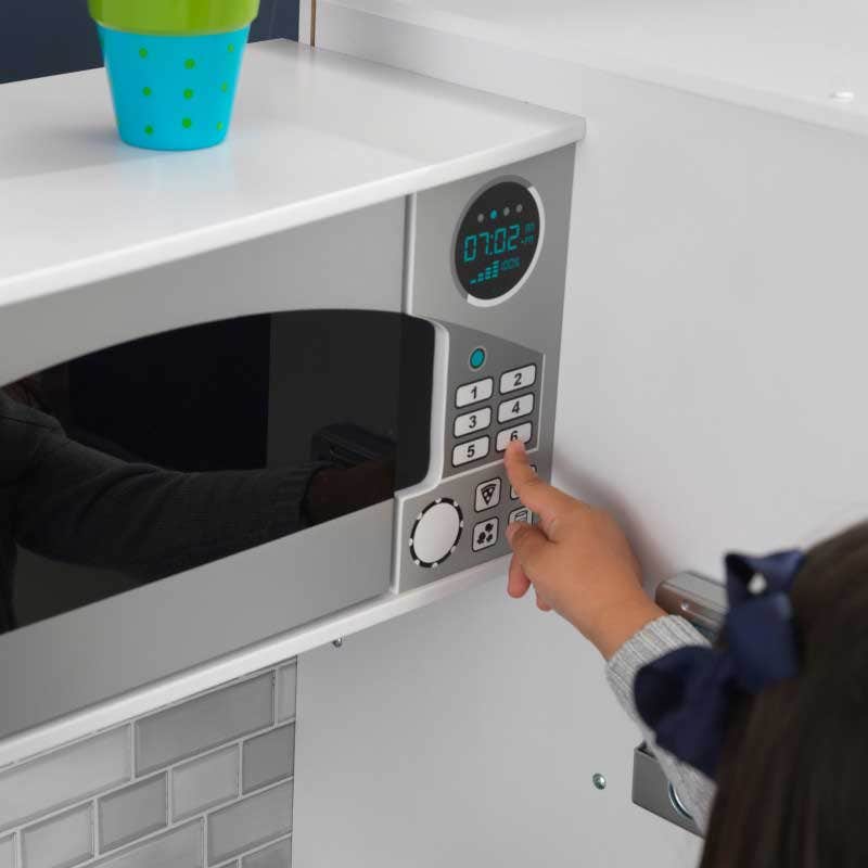 Kids Pretend Play Kitchen with Lights and Sounds and Toy Ice Maker - White