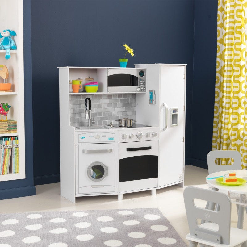 Kids Pretend Play Kitchen with Lights and Sounds and Toy Ice Maker - White