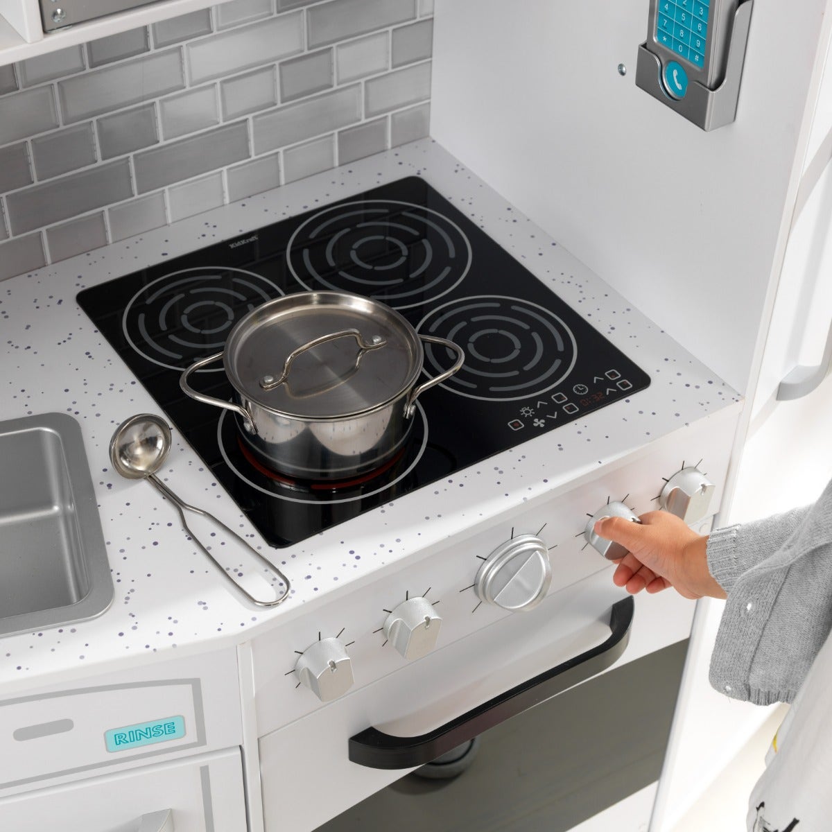 Kids Pretend Play Kitchen with Lights and Sounds and Toy Ice Maker - White