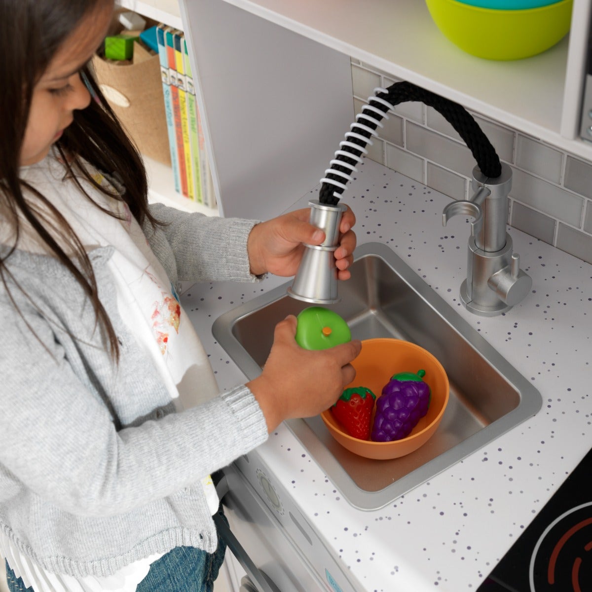 Kids Pretend Play Kitchen with Lights and Sounds and Toy Ice Maker - White