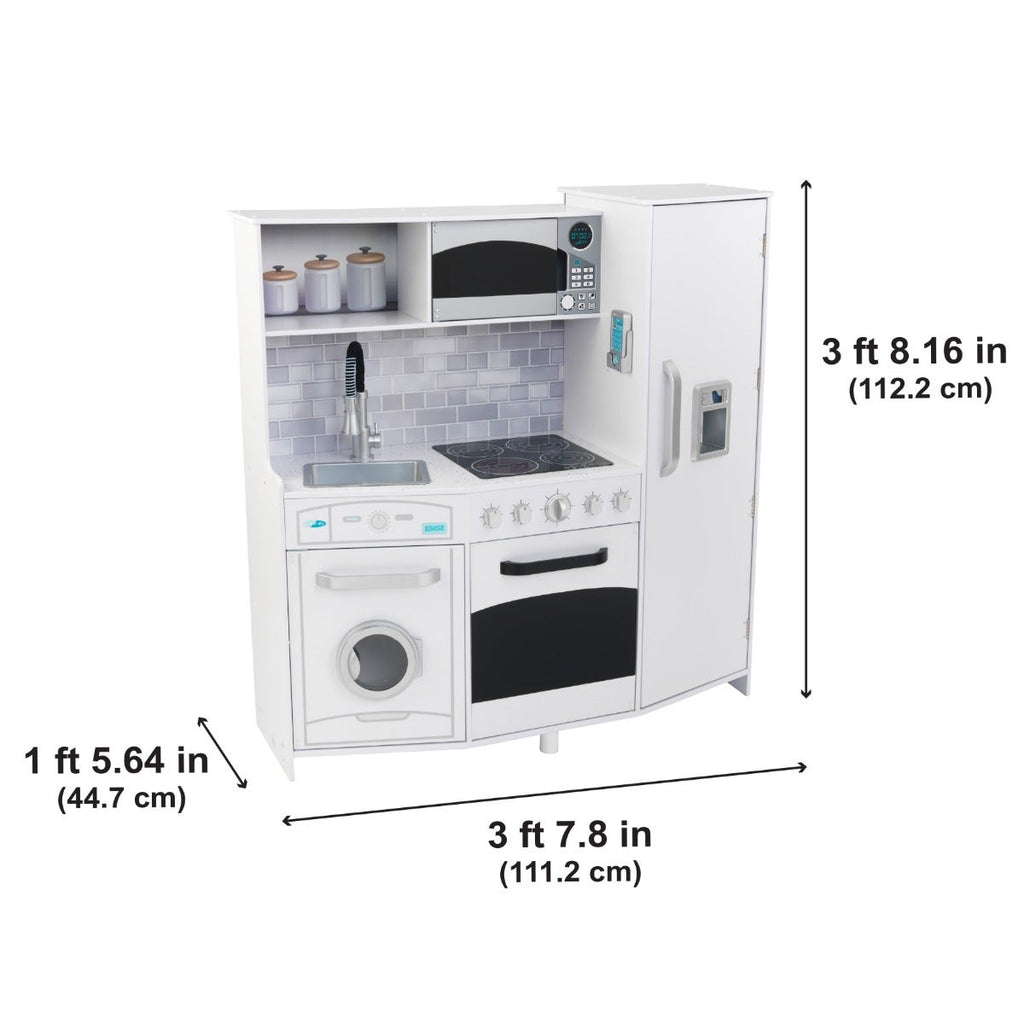 Kids Pretend Play Kitchen with Lights and Sounds and Toy Ice Maker - White