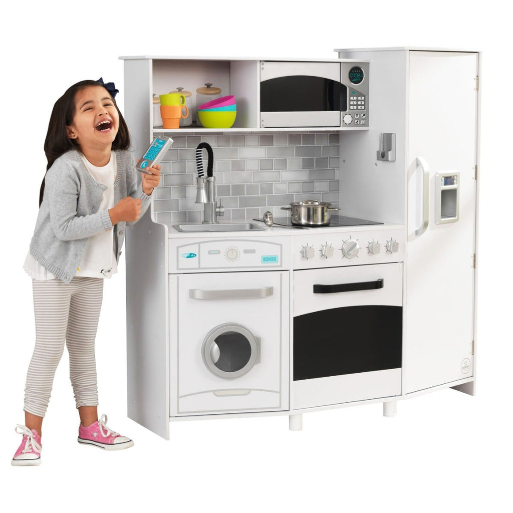 Kids Pretend Play Kitchen with Lights and Sounds and Toy Ice Maker - White
