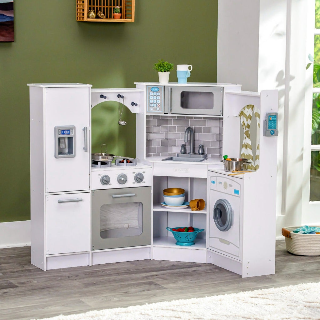 Corner Play Kitchen with Lights and Sounds and Storage - White