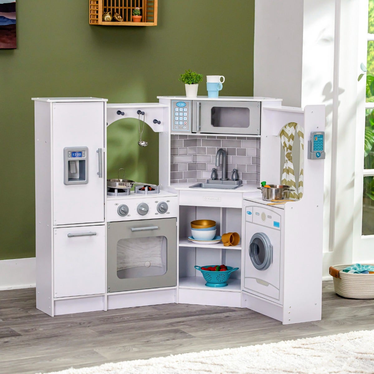 Corner Play Kitchen with Lights and Sounds and Storage - White