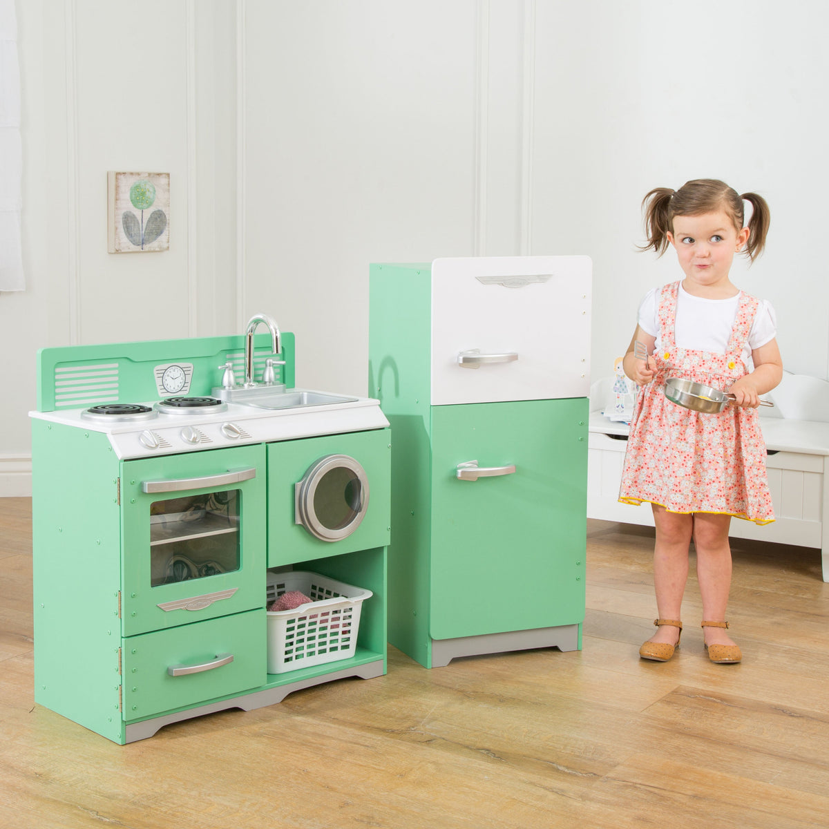 Kids Pretend Play Kitchen with Storage and Toy Refrigerator