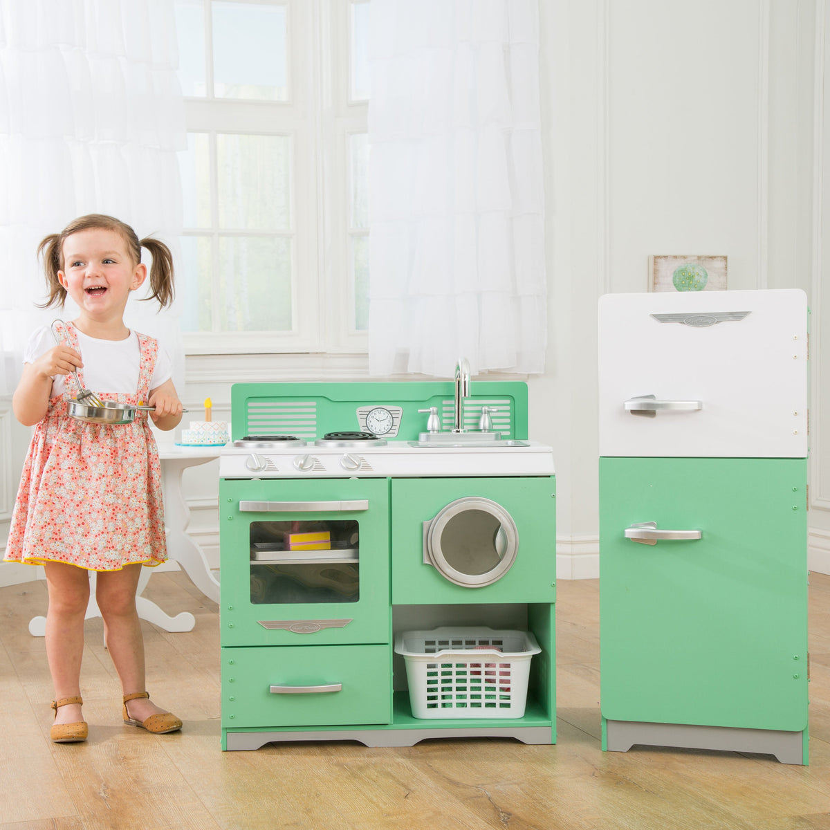 Kids Pretend Play Kitchen with Storage and Toy Refrigerator