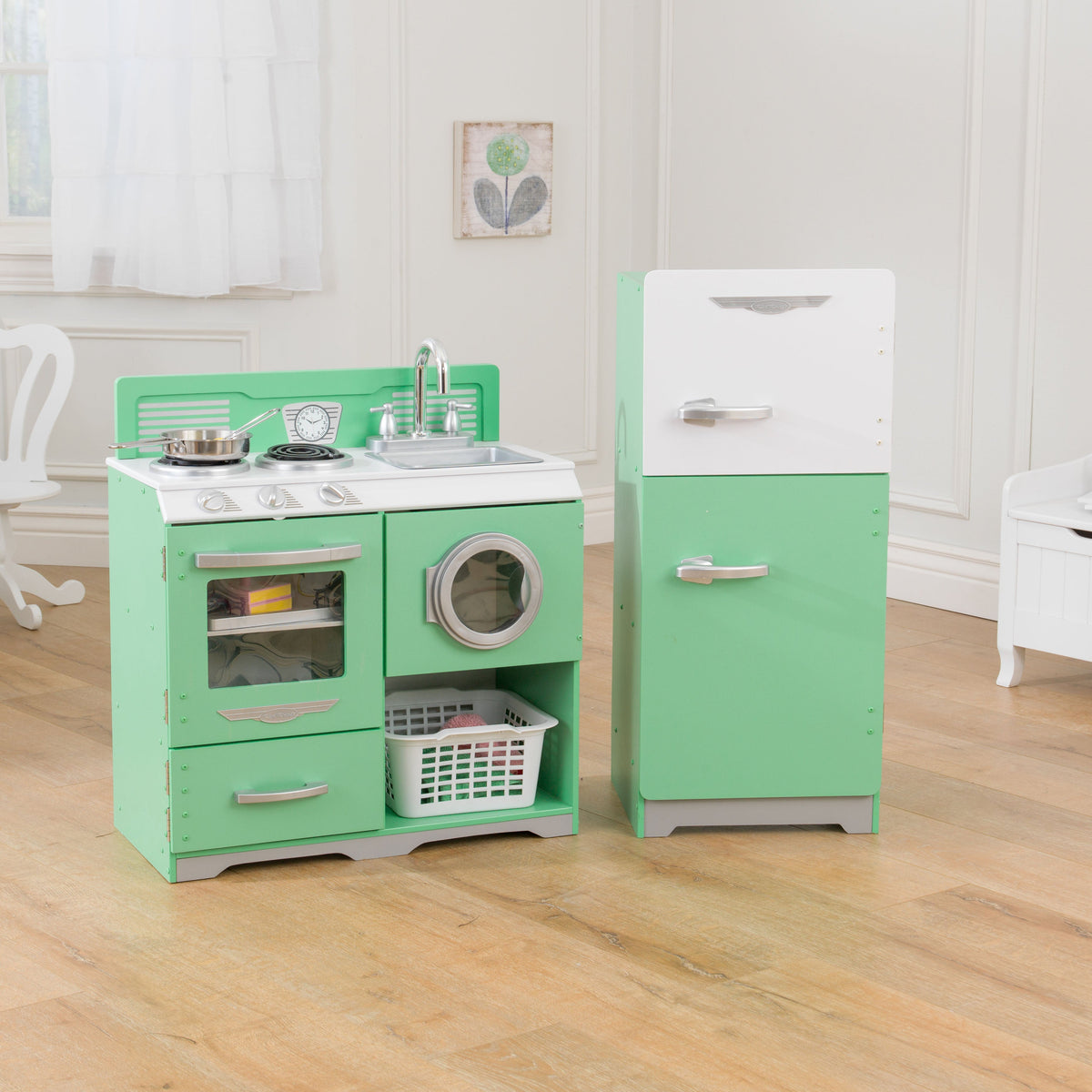 Kids Pretend Play Kitchen with Storage and Toy Refrigerator