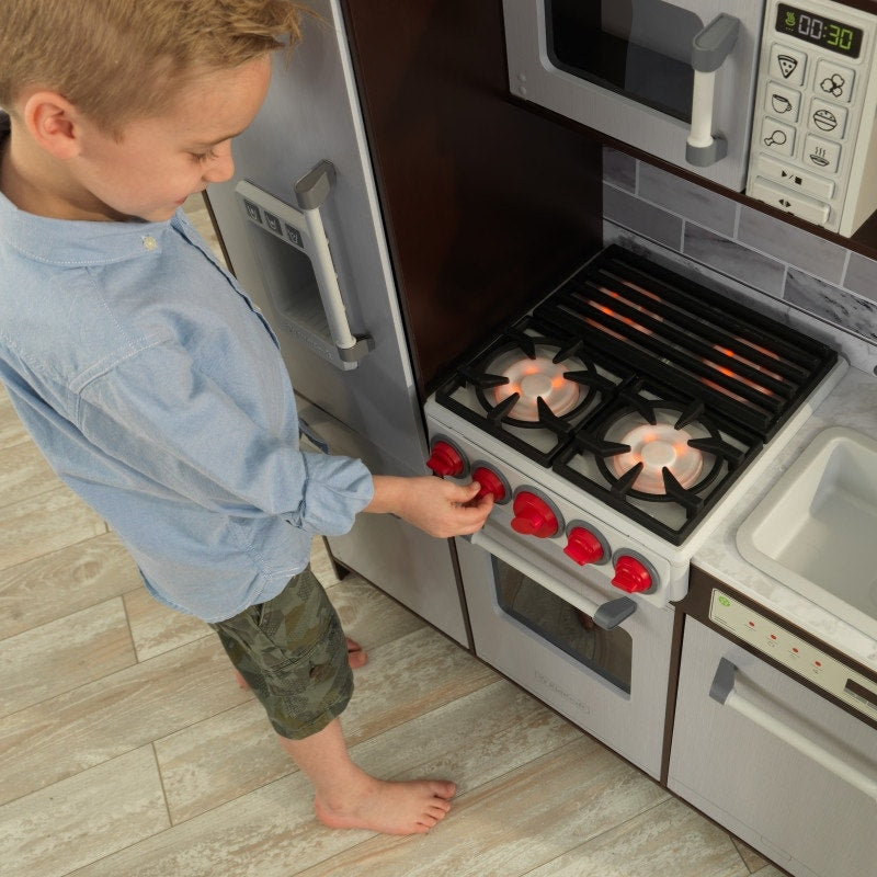 Kids Pretend Play Kitchen with Lights and Sounds and Play Food - Espresso