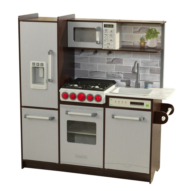Kids Pretend Play Kitchen with Lights and Sounds and Play Food - Espresso