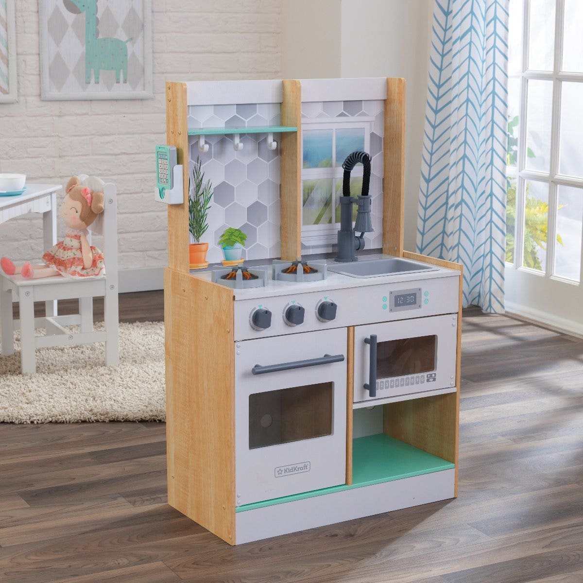 Kids Pretend Play Kitchen with Lights and Sounds and Storage - Natural