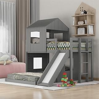 Twin Over Full House Bunk Bed with Slide, Ladder and Guardrails - Gray