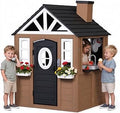 Cedar Wooden Outdoor Playhouse with Play Kitchen, Doorbell and Chalkboard - Brown