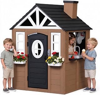 Cedar Wooden Outdoor Playhouse with Play Kitchen, Doorbell and Chalkboard - Brown
