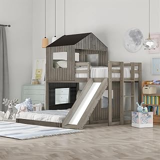 Kids House Bunk Bed with Slide and Guardrails - Antique Gray