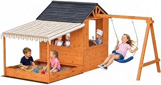 Wooden Outdoor Playhouse with Sandbox and Swing