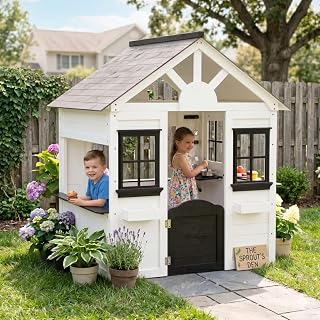 Wooden Outdoor Playhouse with Windows and Door - White