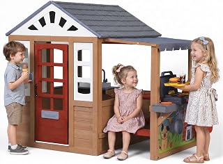 Wooden Outdoor Playhouse with Play Kitchen, Toy Sink and Bench - Brown