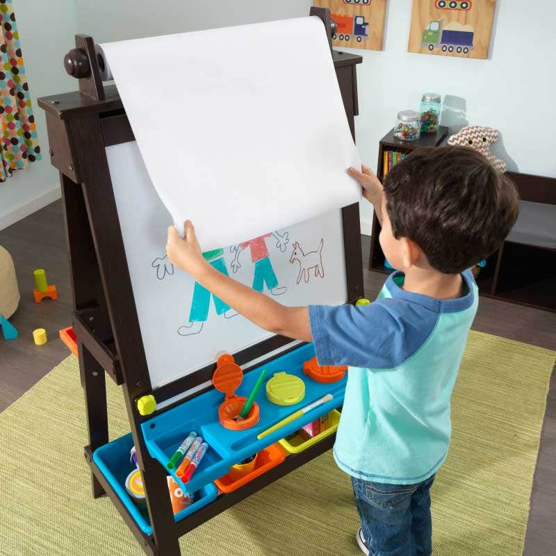 Kids Art Easel with Chalkboard and Storage - Espresso