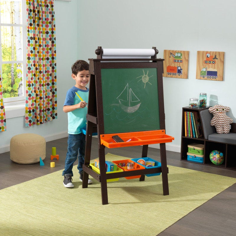 Kids Art Easel with Chalkboard and Storage - Espresso
