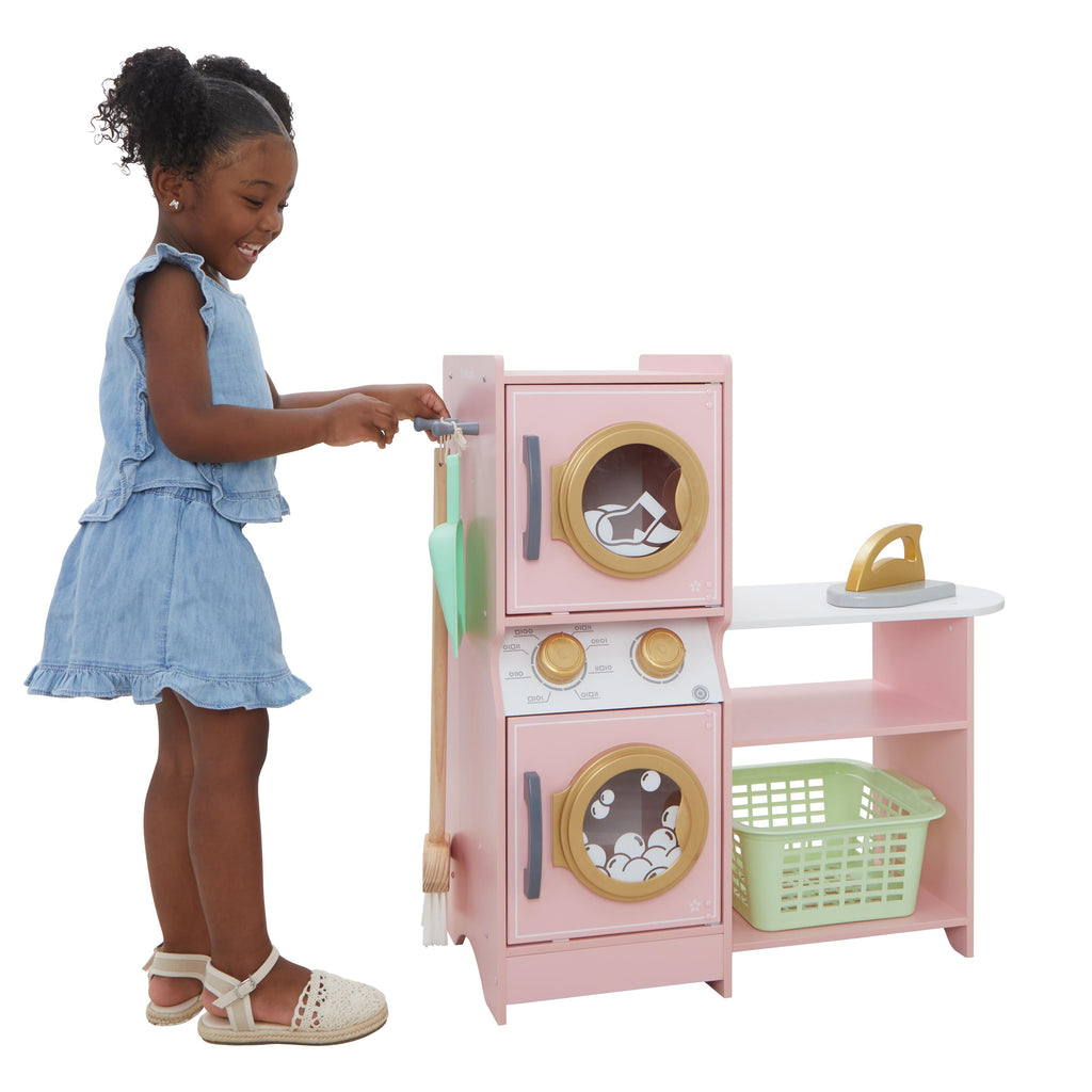 Kids Pretend Laundry Play Set with Storage - Pink / Gold
