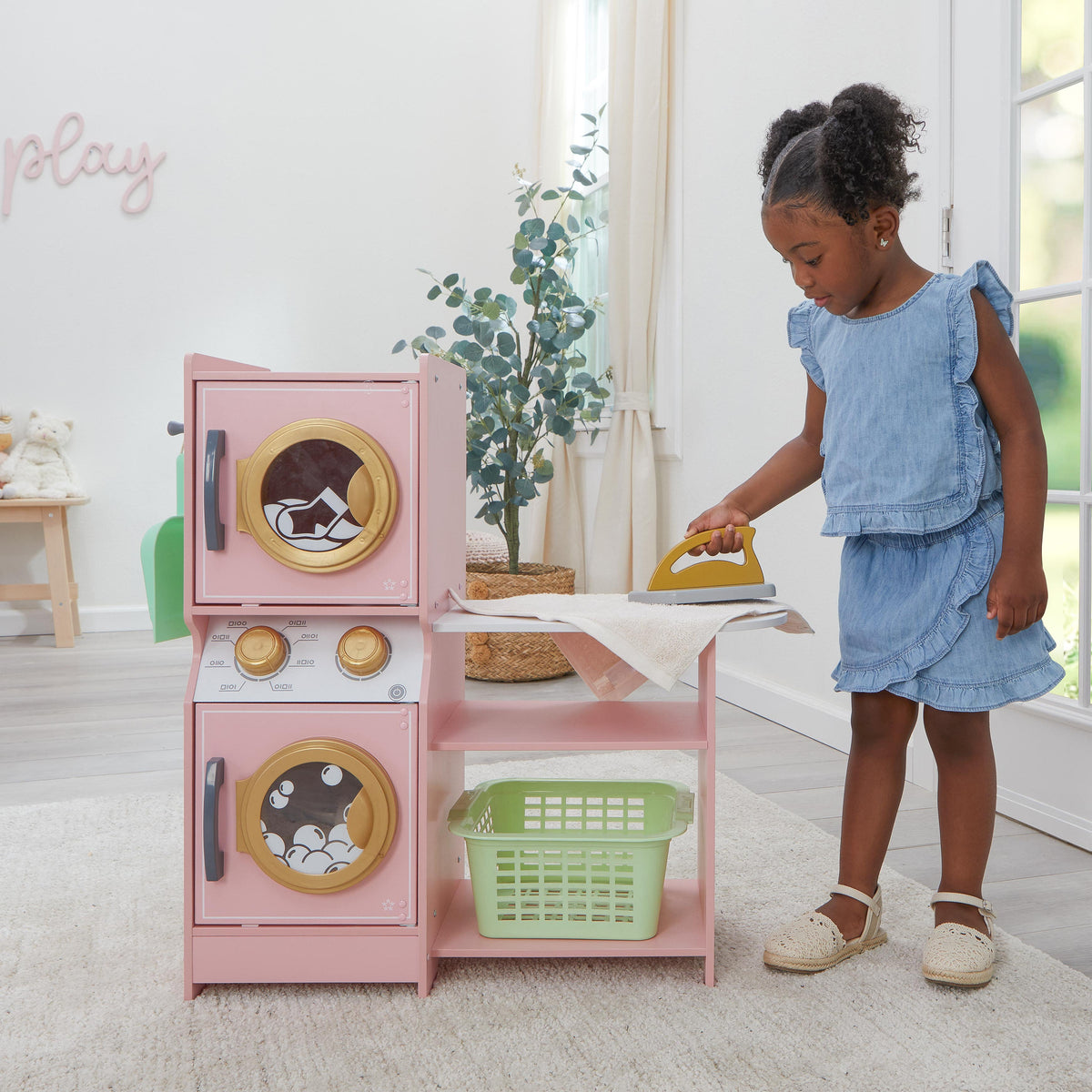 Kids Pretend Laundry Play Set with Storage - Pink / Gold