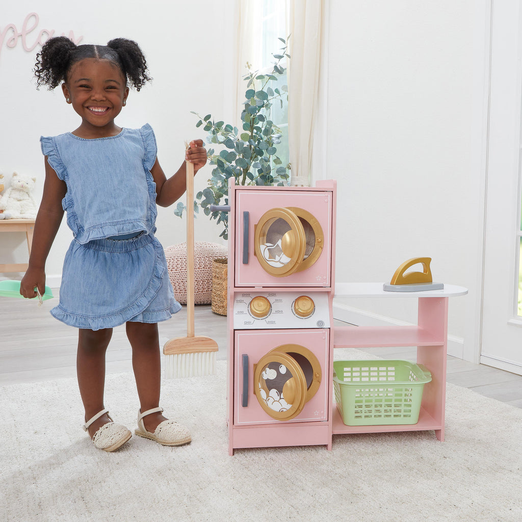 Kids Pretend Laundry Play Set with Storage - Pink / Gold