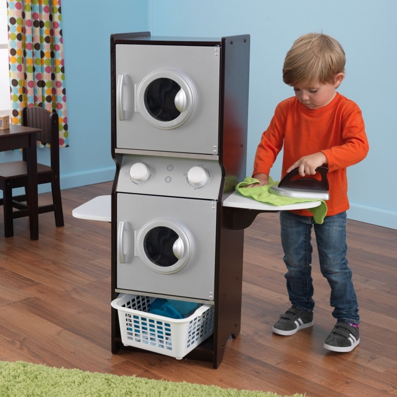 Kids Pretend Laundry Play Set with Chalkboard and Storage - Espresso
