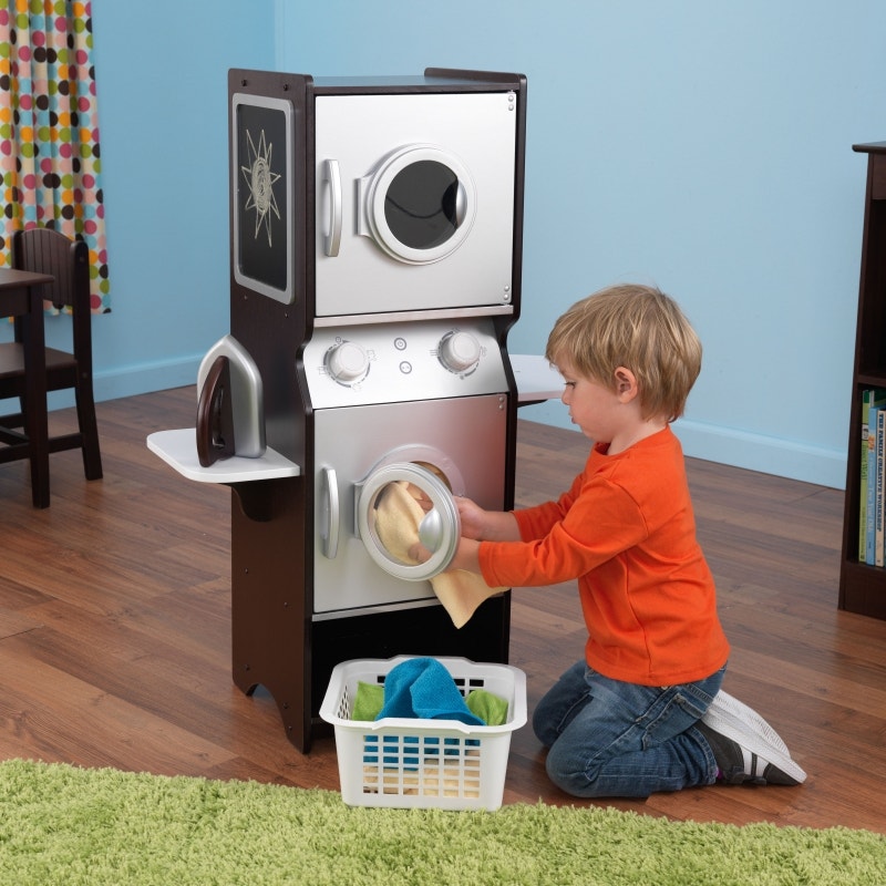 Kids Pretend Laundry Play Set with Chalkboard and Storage - Espresso