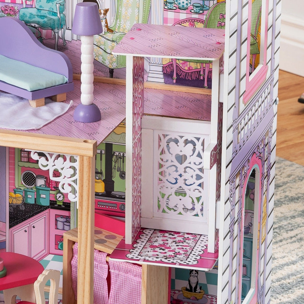 Wooden Dollhouse with Elevator and Canopy