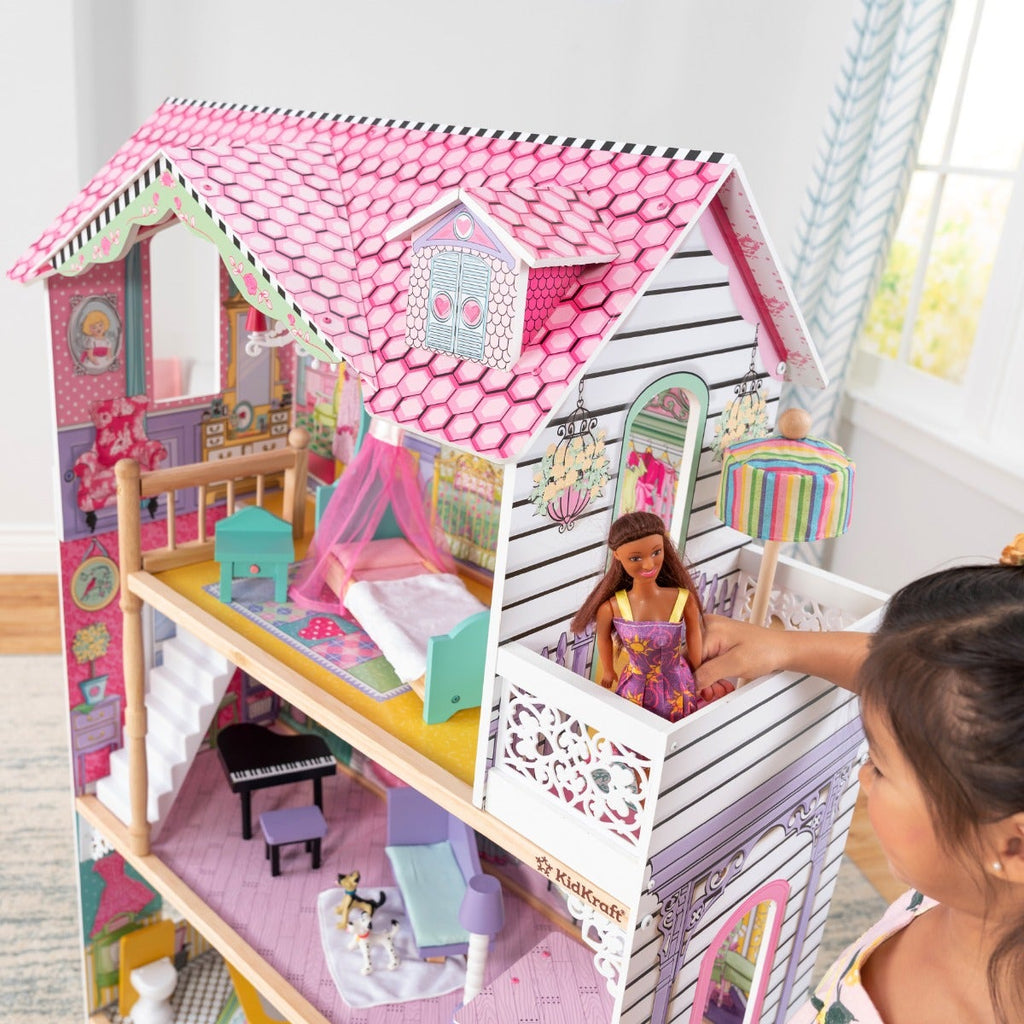 Wooden Dollhouse with Elevator and Canopy